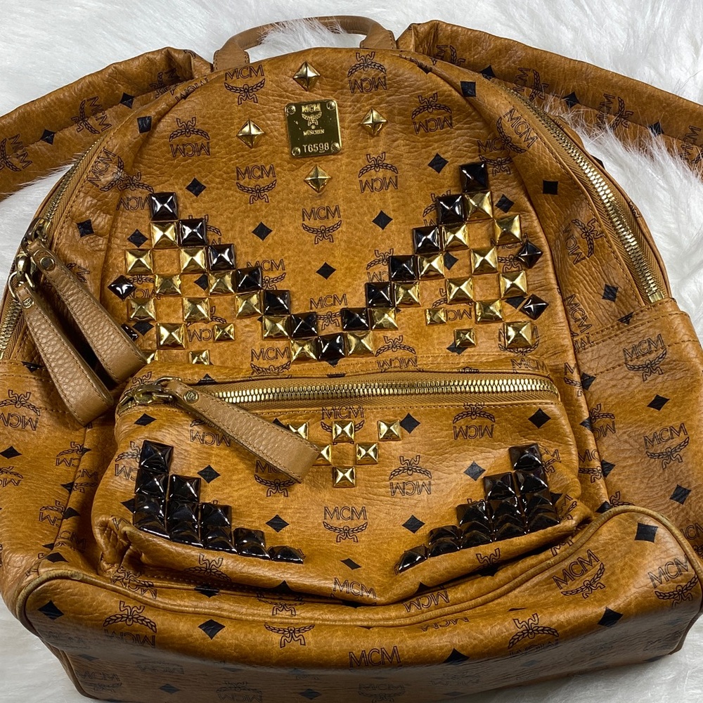 MCM Tan and Gold Studded Backpack